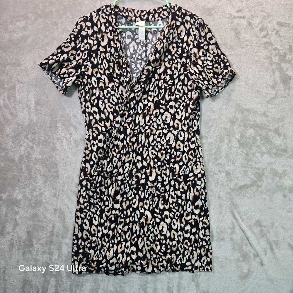 H&M Womens Leopard Print Wrap Dress Black Tan Short Sleeve V-Neck Size M